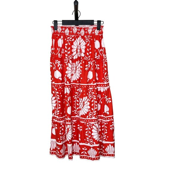 Haute Hippie Red Orange & White Floral Tired Linen Blend Midi Skirt Size Small - Picture 2 of 10